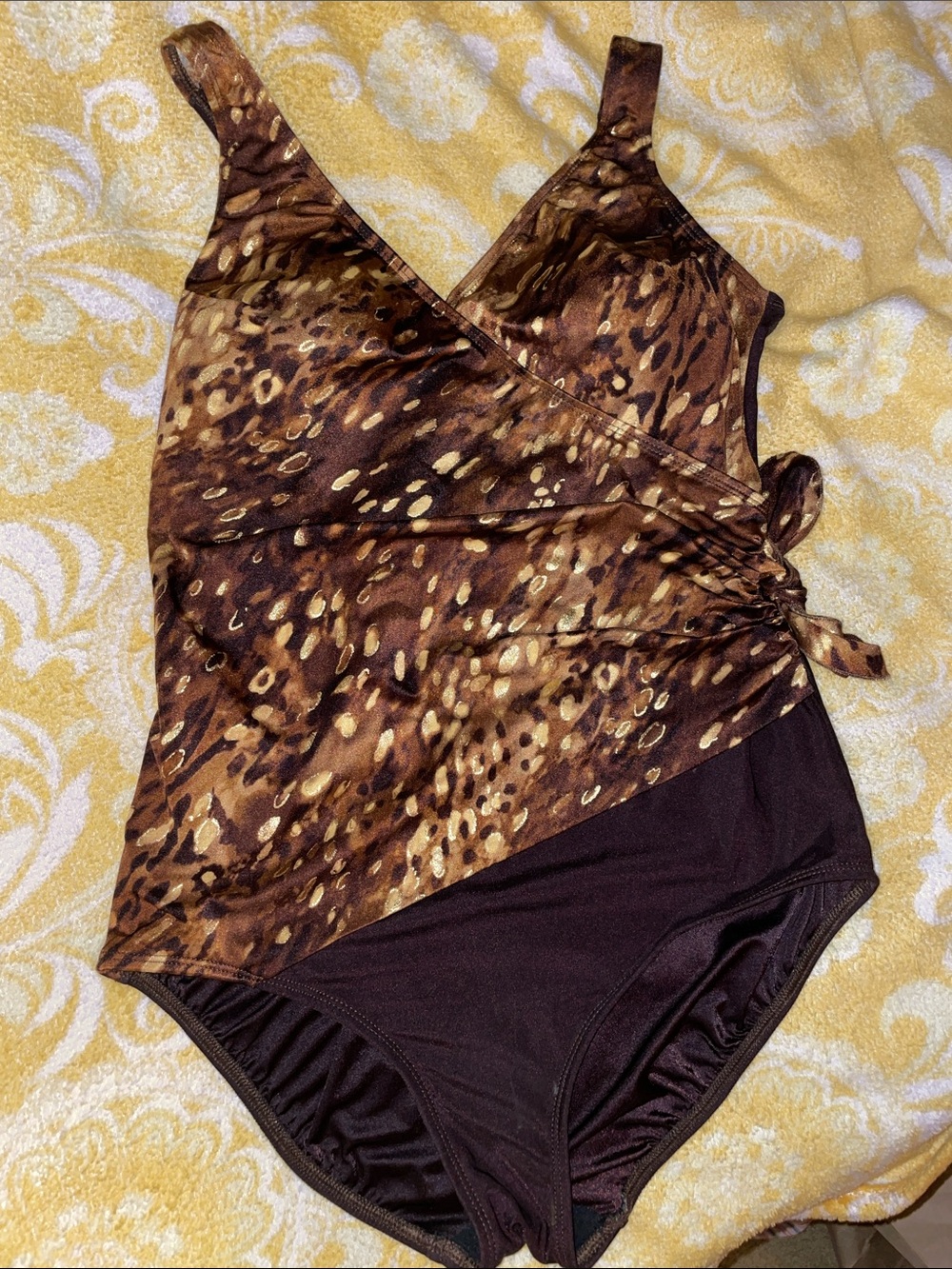 LONGITUDE BROWN/GOLD CHEETAH CROSSOVER SWIMSUIT w Lowback 20W